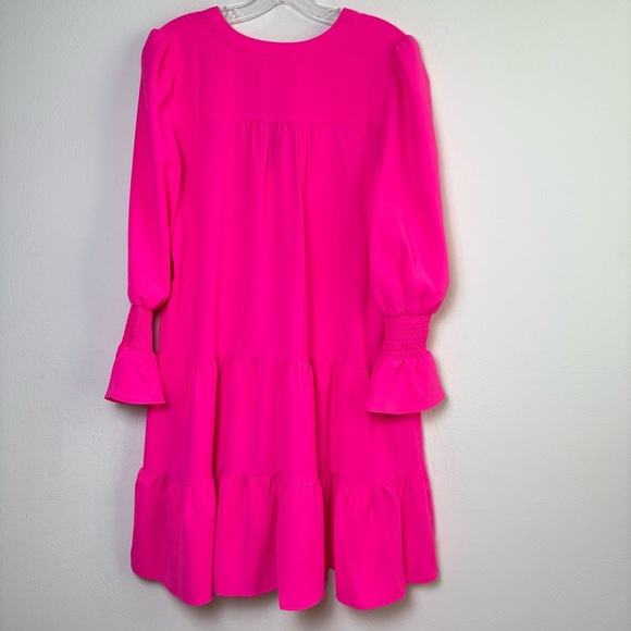 POMANDER PLACE Tuckernuck Electric Pink Crepe Kenzo Dress Ruffle Tiered M - Picture 3 of 17